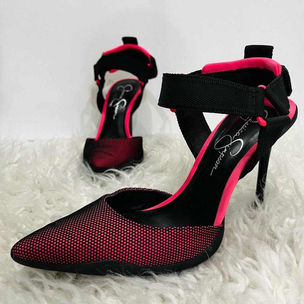 Jessica Simpson Pink Black Mesh Pointy Toe Stiletto Strappy Pumps Heels 9.5
